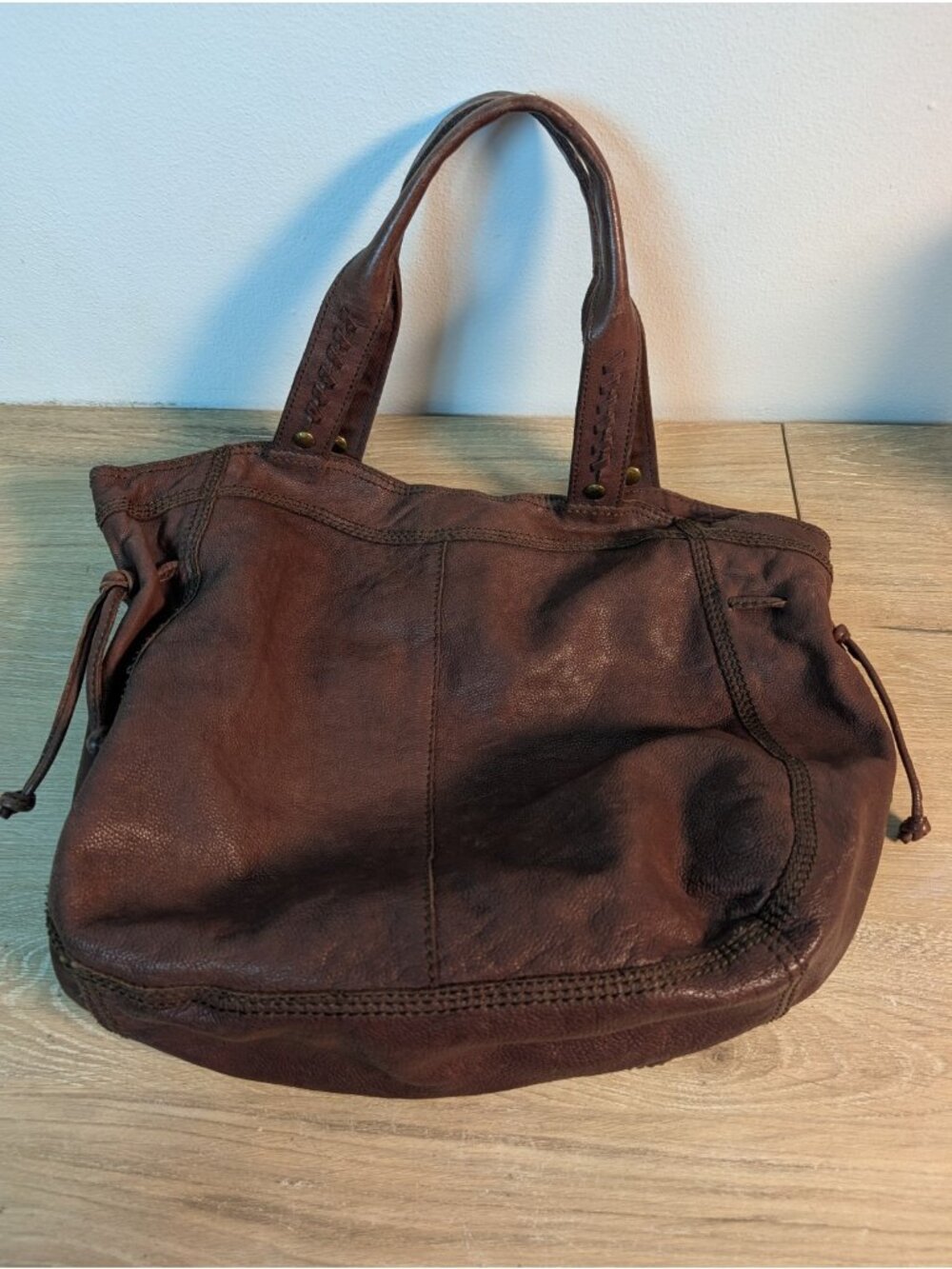 Vintage Lucky Brand Leather Shoulder Bag/ Hobo Purse Brown Flower Patchwork - Picture 5 of 8